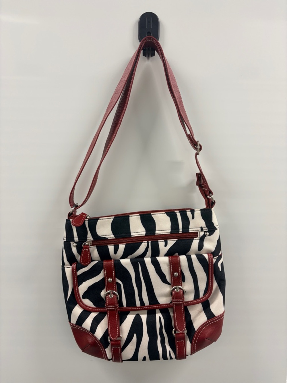 Source Unknown Black-and-White Zebra Crossbody with Red Trim